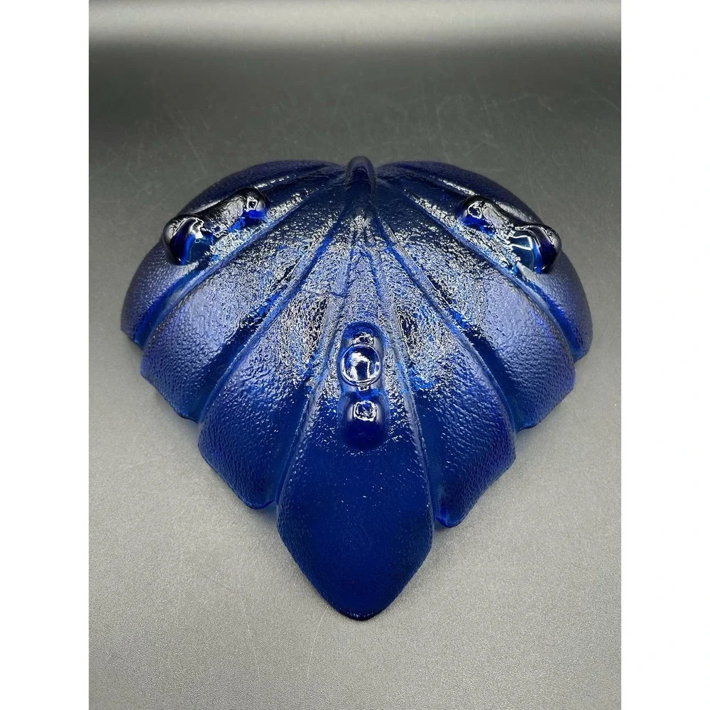 VTG Blue Art Glass Footed Leaf Bowl Dish Cobalt Blue Textured Raised Vein